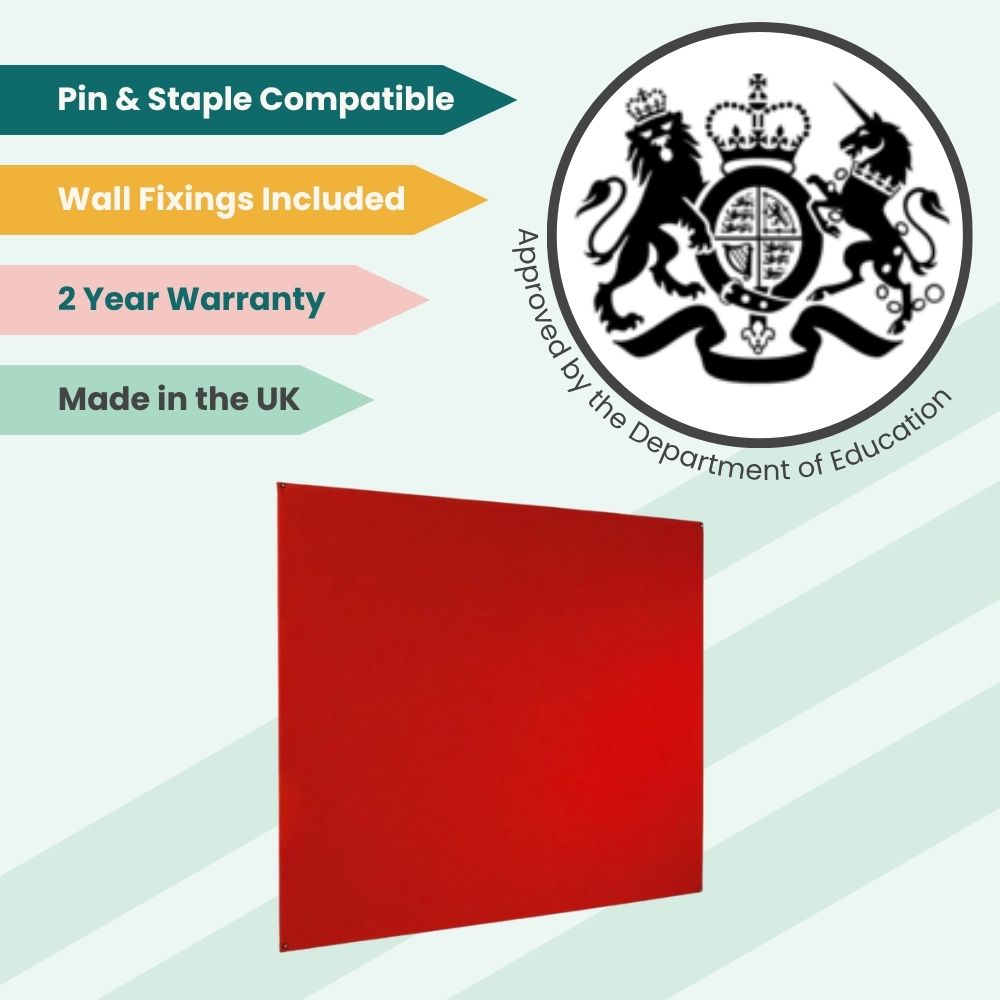 Red noticeboard with staple-ready surface and fixings, certified for educational installations.