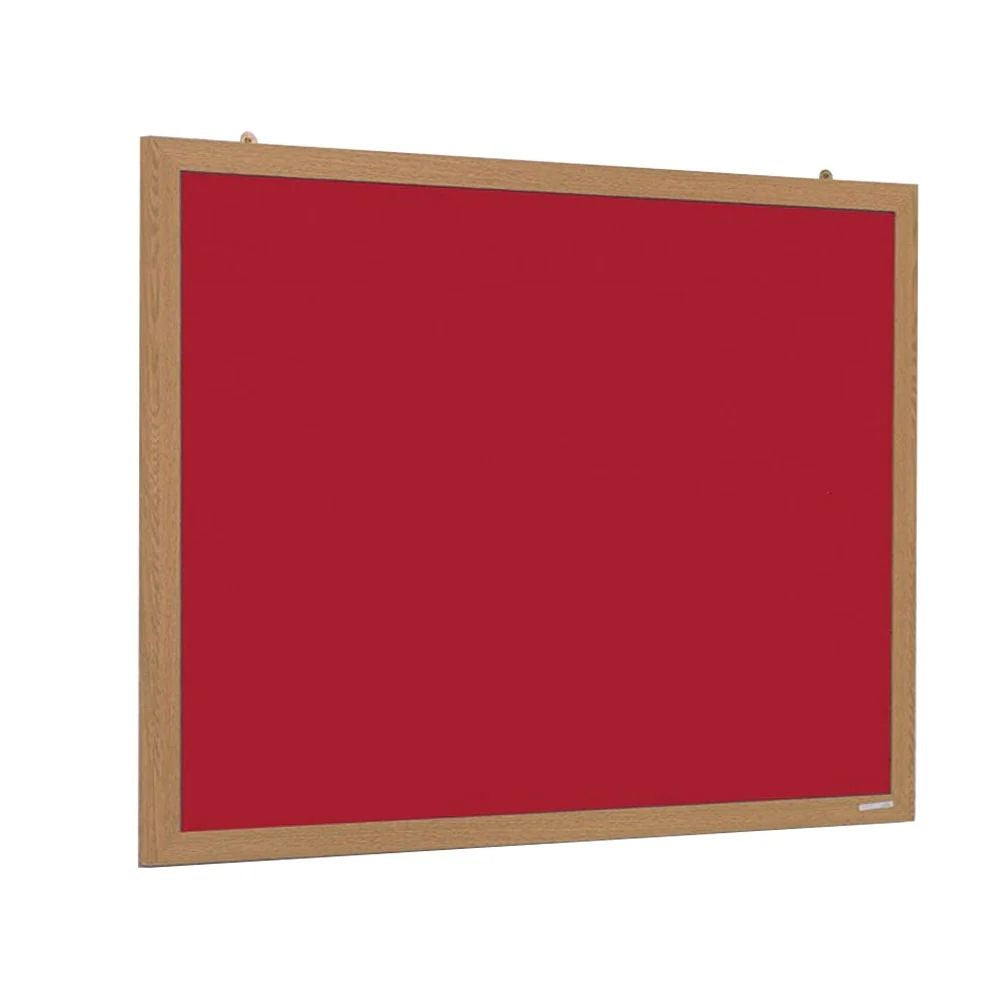 Red bulletin board with clean surface and light wood frame, designed for pinning announcements in classrooms or shared spaces.