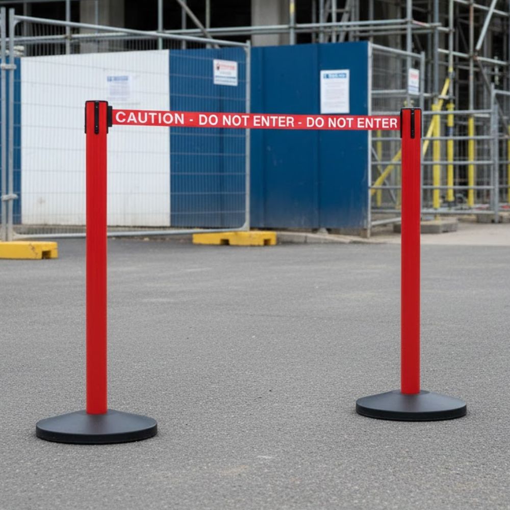 Red outdoor safety retractable barrier post with 3.4 metre caution belt reading do not enter, positioned on a construction site with metal fencing and scaffolding in the background.