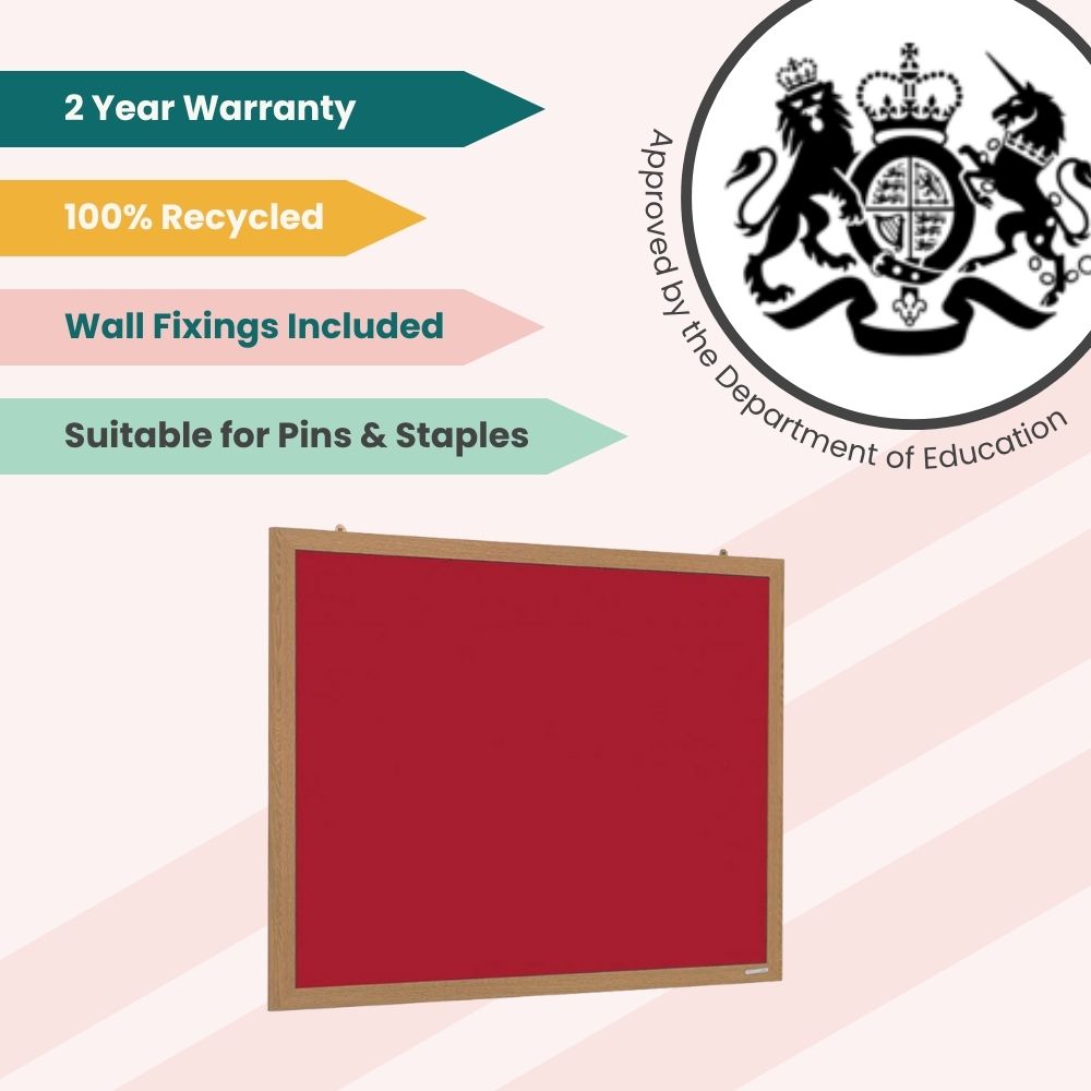 Red bulletin board with light wood frame and feature banners highlighting its recycled content, pin compatibility, and official certification.
