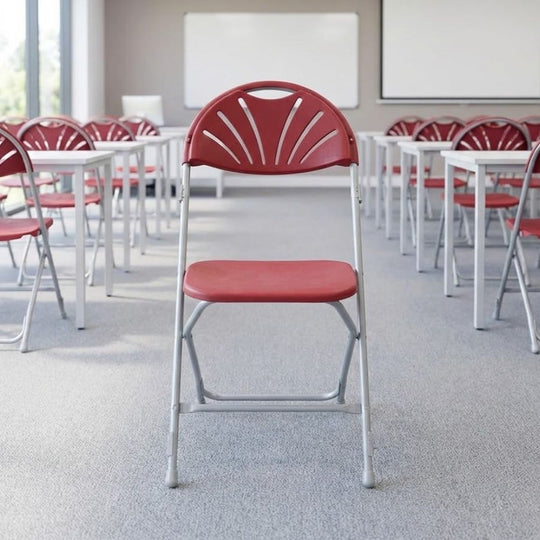 Red Fan Back Folding School Assembly Chair - Grey Steel Frame