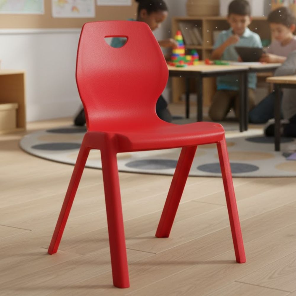 Bright red plastic chair with contoured seat and top handle cutout, designed for preschool and early years use.