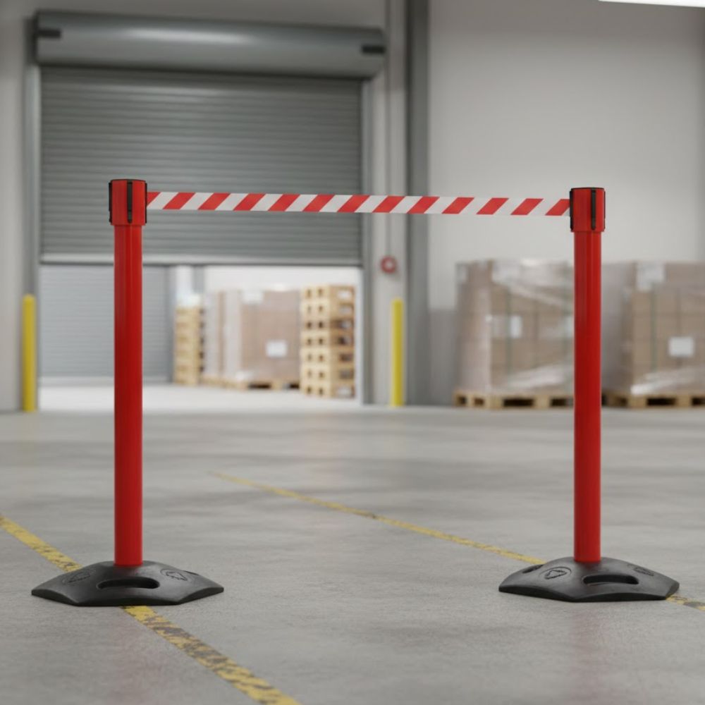 Red retractable safety barrier with high visibility belt used to restrict access and create safe working zones in warehouses, loading bays, factories and industrial environments.
