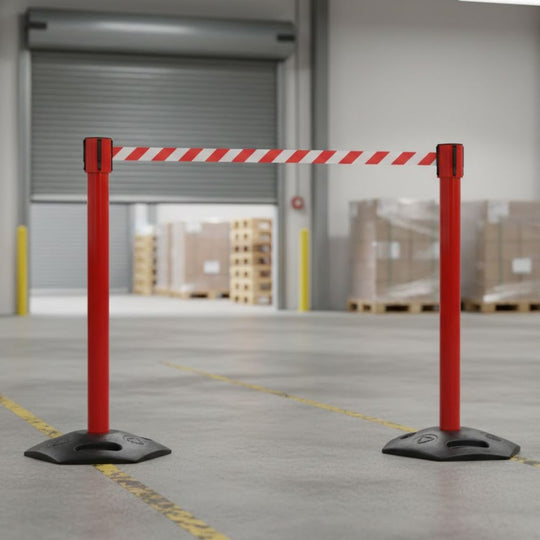 Red Heavy Duty Outdoor Retractable Barrier (3.4m Chevron Belt) | Emergency Safety Post