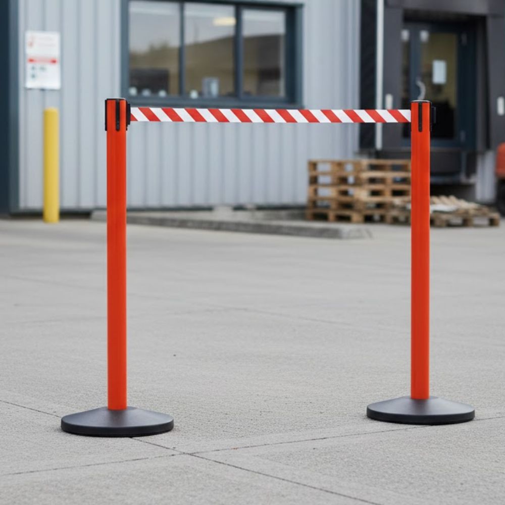 Red retractable safety barrier with a red and white hazard belt positioned outside an industrial building, used to restrict access and create temporary safety zones in warehouses, loading areas, factories and commercial premises.