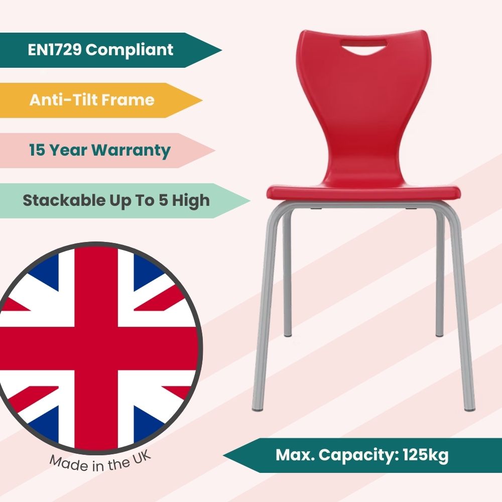 Vividly coloured student chair featuring a gas-injected shell for extra strength and a protective grey coating on the metal underframe.