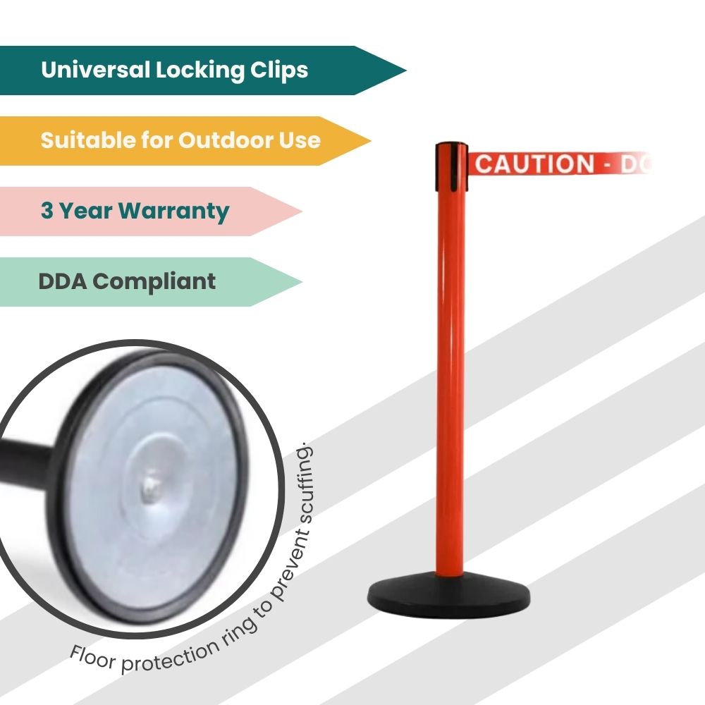 Red crowd control stanchion with caution belt and anti-scuff base ring for indoor and outdoor use.