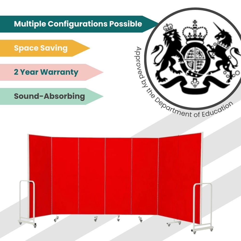 Seven-panel red divider with angled layout and wheeled base, ideal for flexible space division.