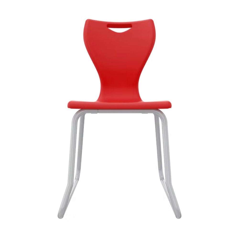A vibrant red Size 6 school chair featuring a high-flex backrest for postural support and an industrial-strength steel skid frame to prevent tilting.