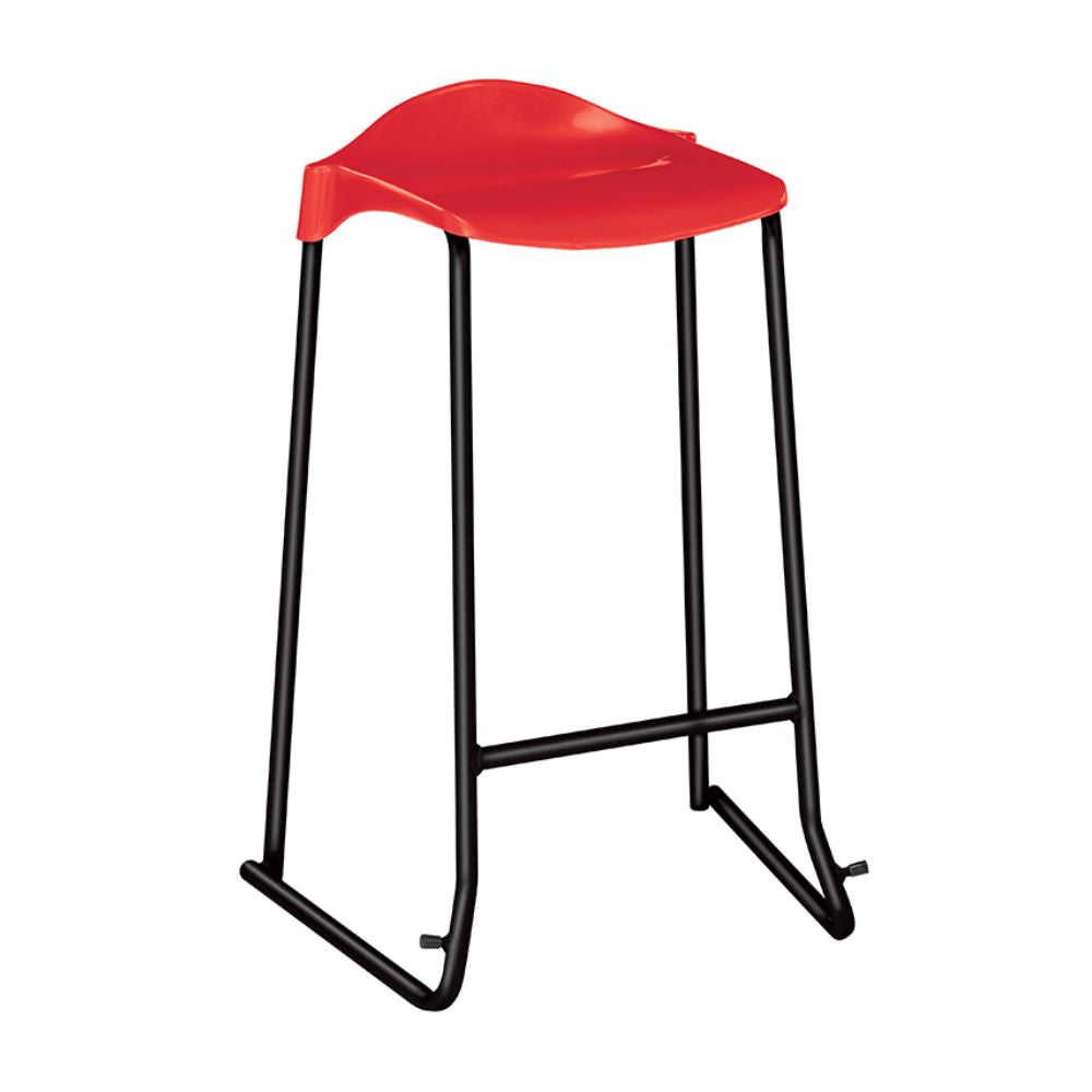 Red stool with black sled-style frame and footrest, ideal for high-traffic educational or office environments.
