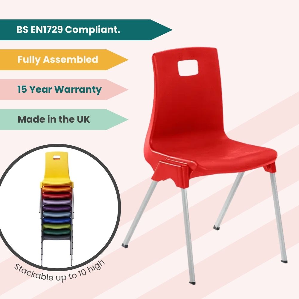 Feature graphic of red chair with British Standards compliance and stackable design for schools.
