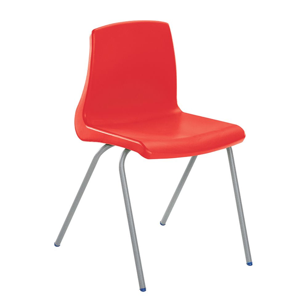 Red plastic chair with silver metal legs and blue foot caps, designed for stacking in educational environments.