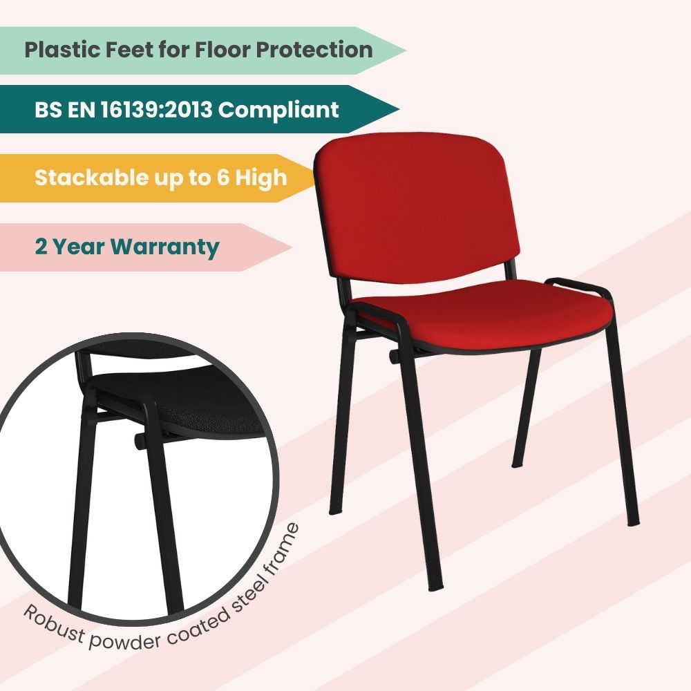 Red upholstered visitor chair with black powder coated steel legs, stackable design, plastic feet for floor protection and BS EN 16139 certified strength for commercial interiors