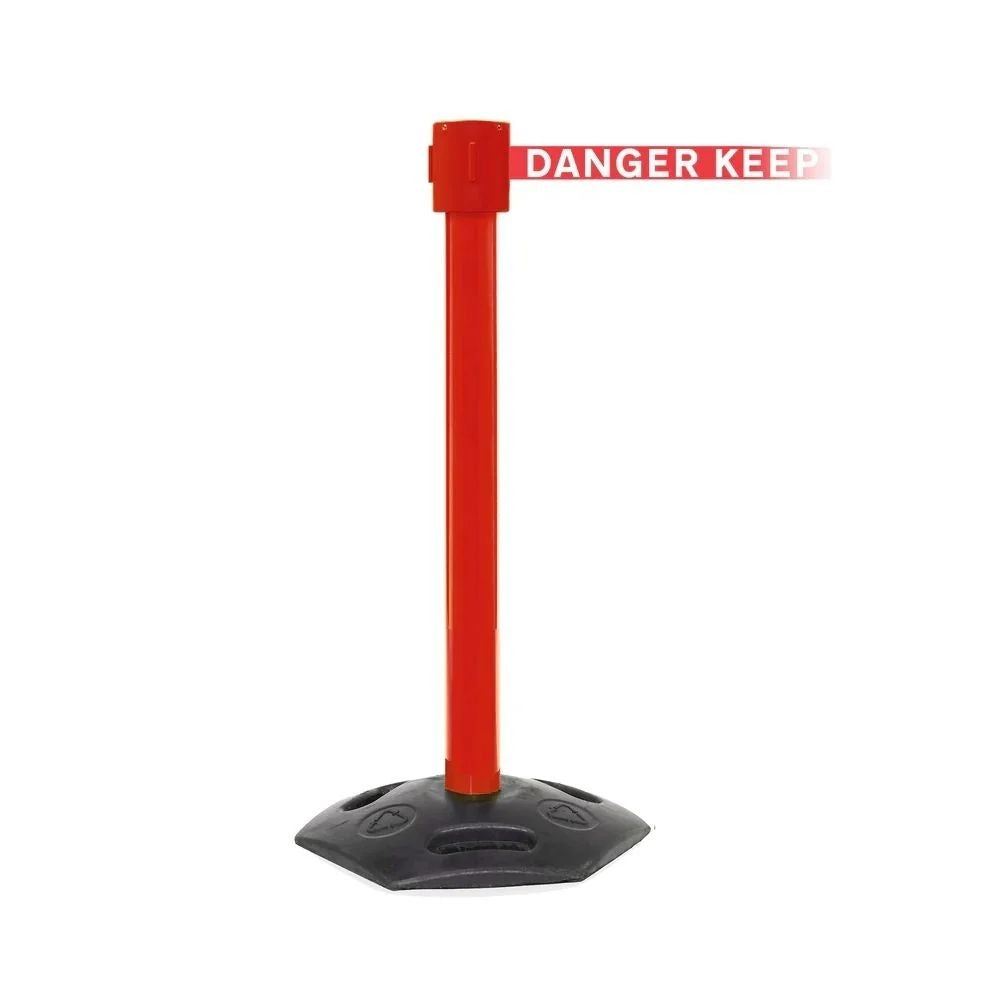 Red stanchion with partially extended “DANGER KEEP OUT” belt and black base for blocking entry in safety-critical areas.