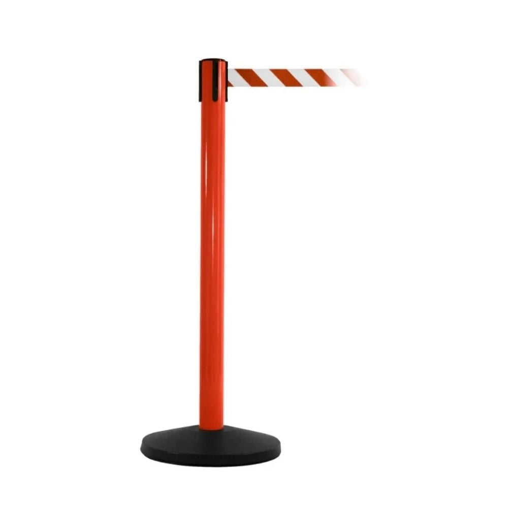 Red stanchion with red and white striped belt, designed for high-visibility crowd guidance in busy spaces.