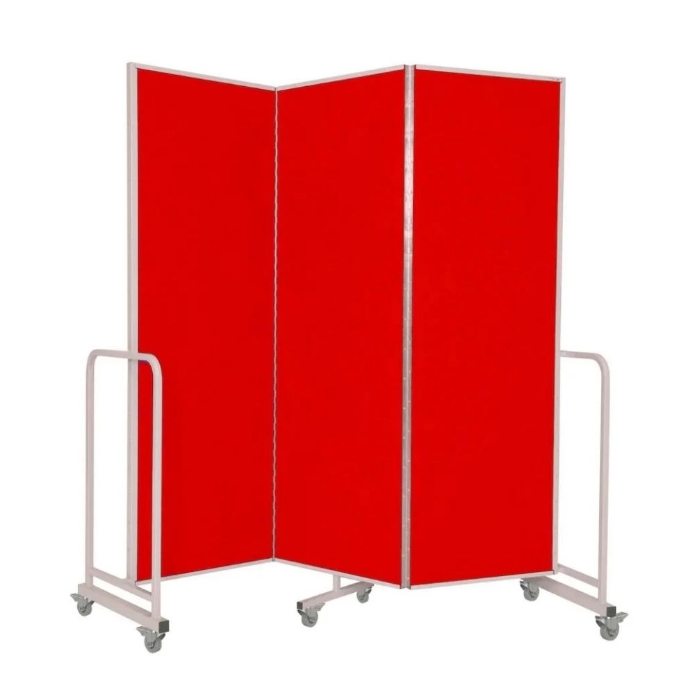 Red divider with three hinged panels and wheeled frame, designed for dynamic layout control.
