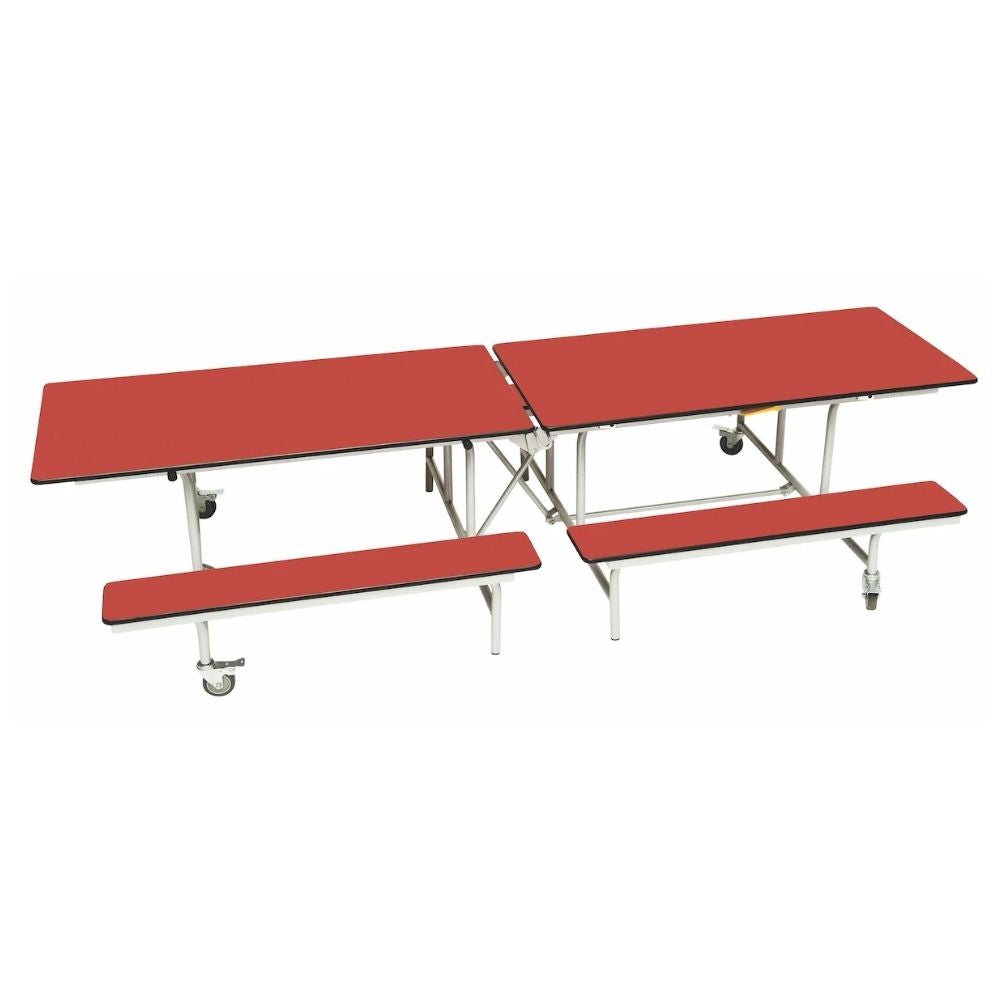 Red 3-in-1 folding canteen bench unit with easy storage and wheeled mobility.