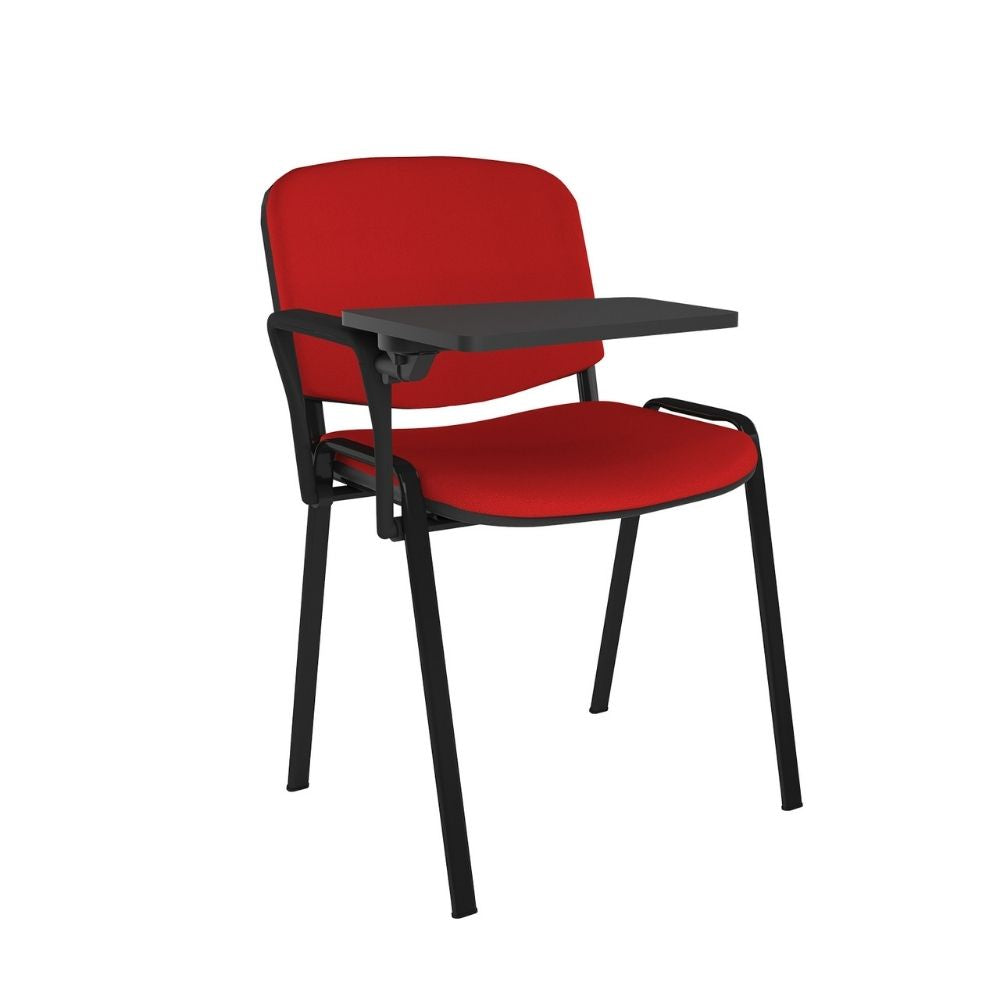 Training chair upholstered in red fabric featuring a fixed side writing surface, supportive armrests and slim black steel legs for learning environments