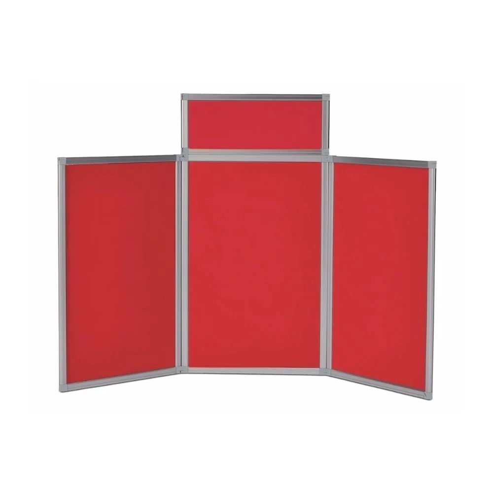 Four-panel red display board with elevated header and carry bag, made in the UK for eco-conscious exhibitions.