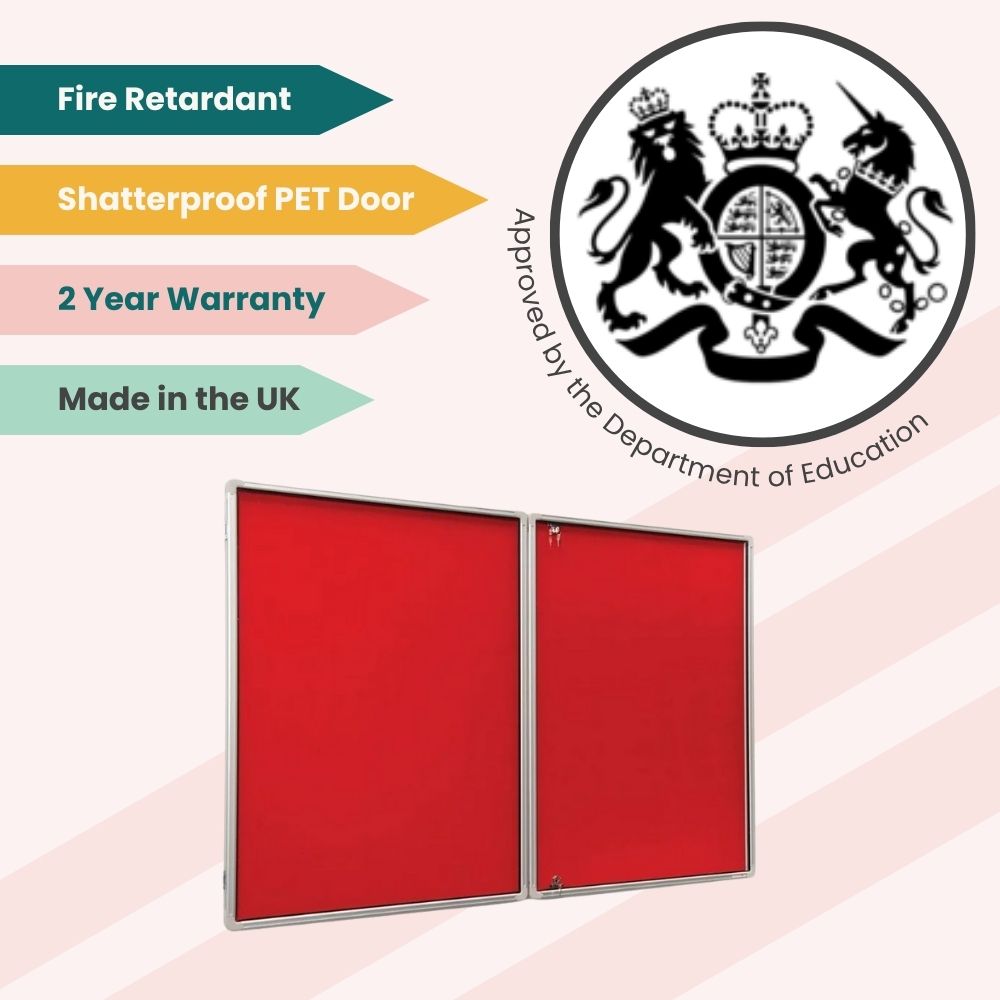Red dual-door board with silver trim and flame-safe surface, designed for compliant school installations.