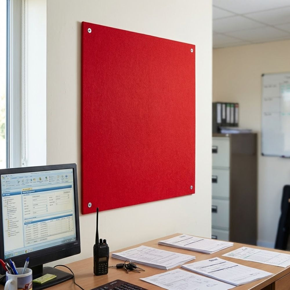 Red unframed felt noticeboard measuring 1200mm x 900mm, large rectangular board fixed to an interior office wall in a workplace environment.
