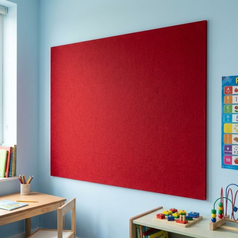 Red unframed felt noticeboard measuring 1800mm x 1200mm, extra large rectangular board fixed to an interior wall in a classroom environment.