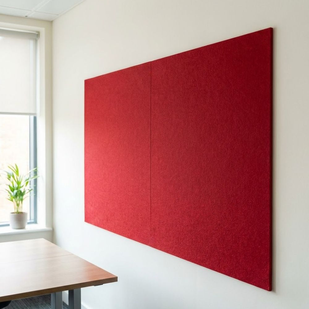 Red unframed felt noticeboard measuring 2400mm x 1200mm, extra large rectangular board fixed to an interior office wall.