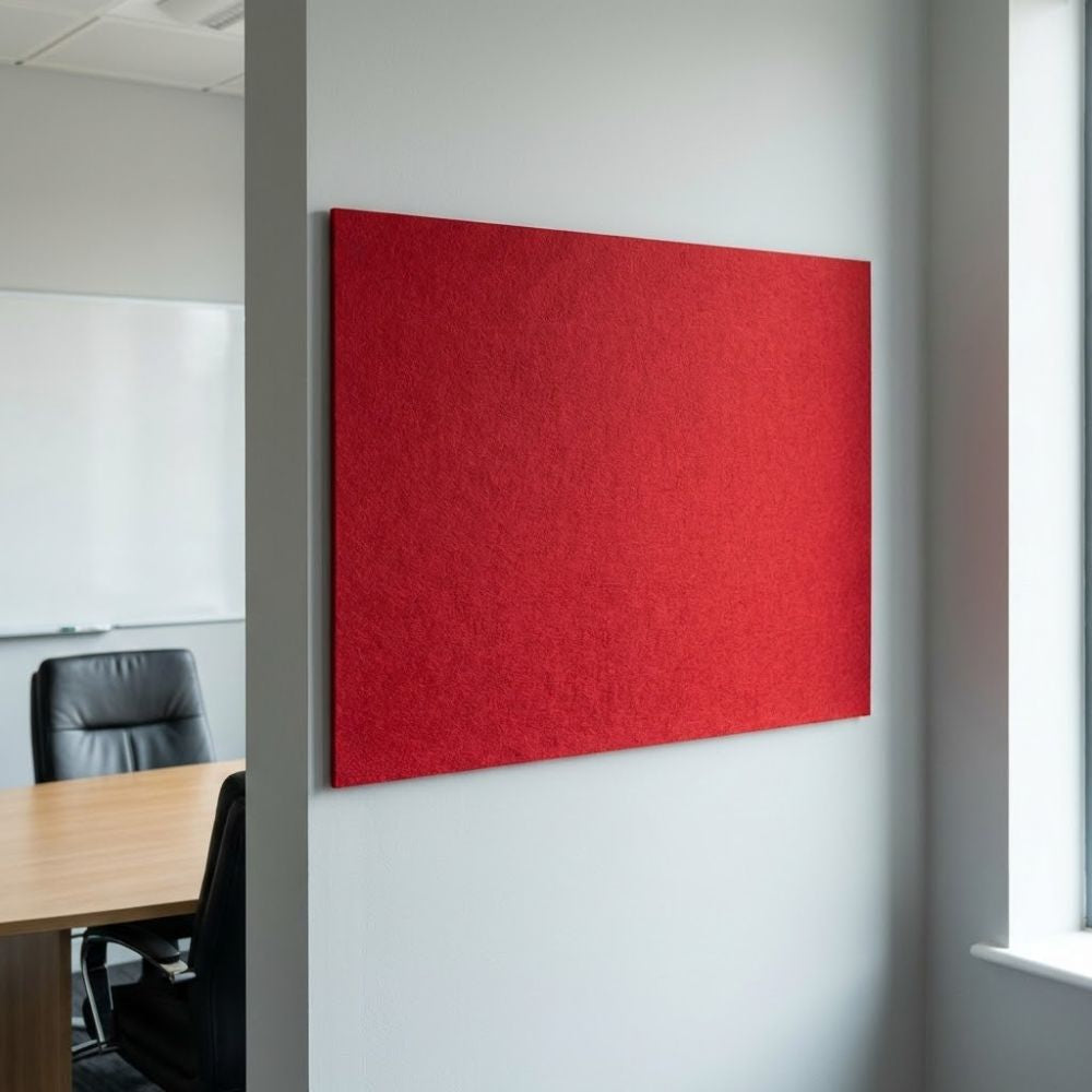 Red unframed felt noticeboard measuring 900mm x 600mm, slim wall mounted board positioned in a contemporary office setting.