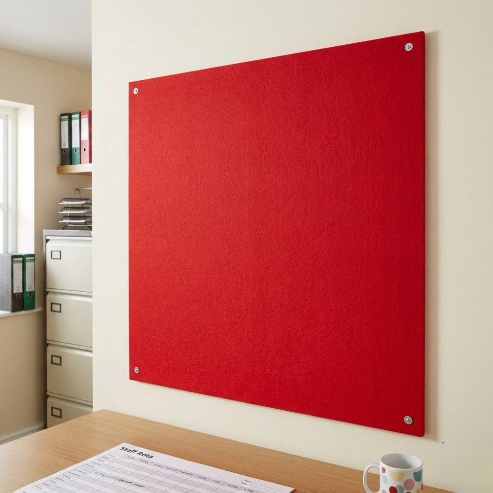 Red unframed fire resistant felt noticeboard measuring 1200mm x 1200mm, fixed to an office wall with exposed corner mounts in a modern workspace.
