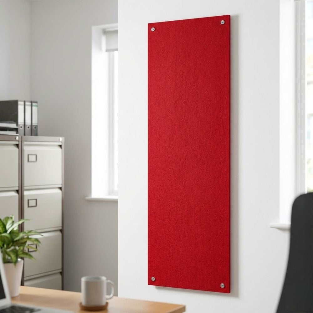 Red unframed fire resistant felt noticeboard measuring 600mm x 1800mm, vertical wall mounted board with visible corner fixings in a modern office space.