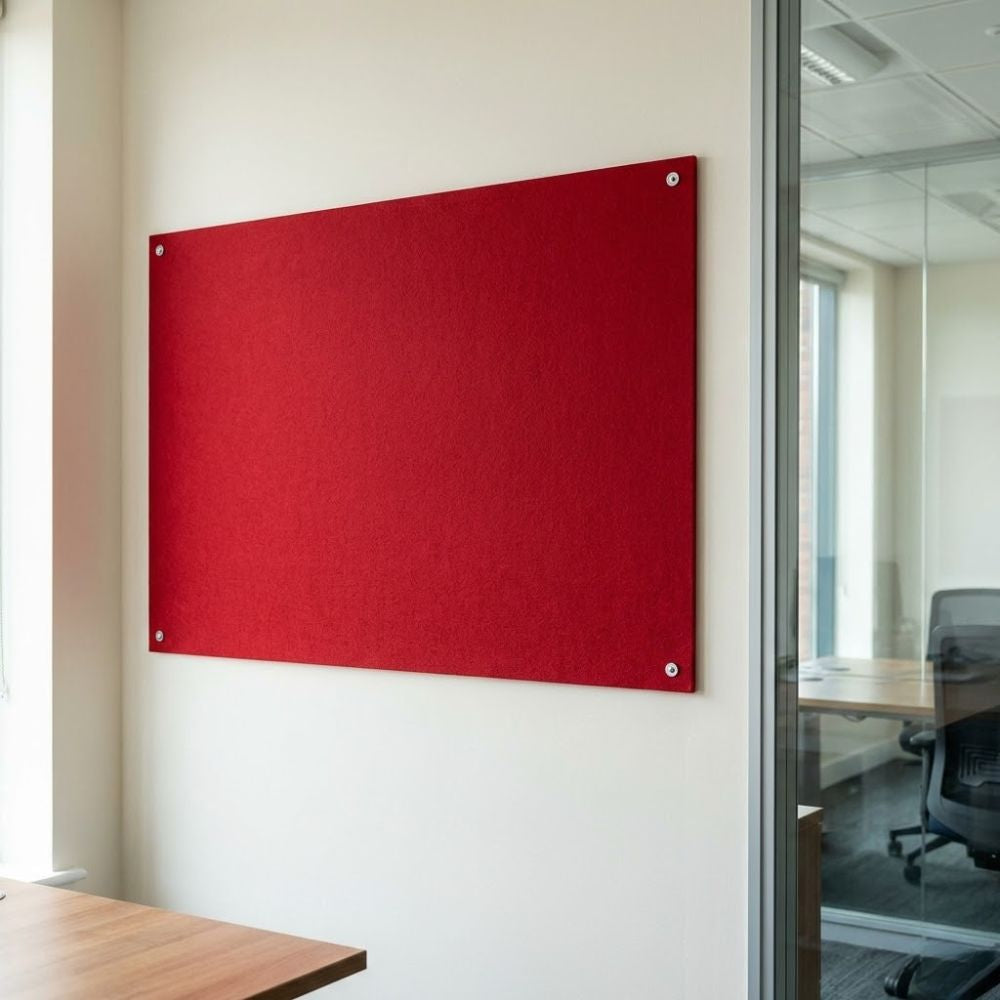 Red unframed fire resistant felt noticeboard measuring 900mm x 600mm, fixed to an office wall with exposed corner mounts in a contemporary workspace.