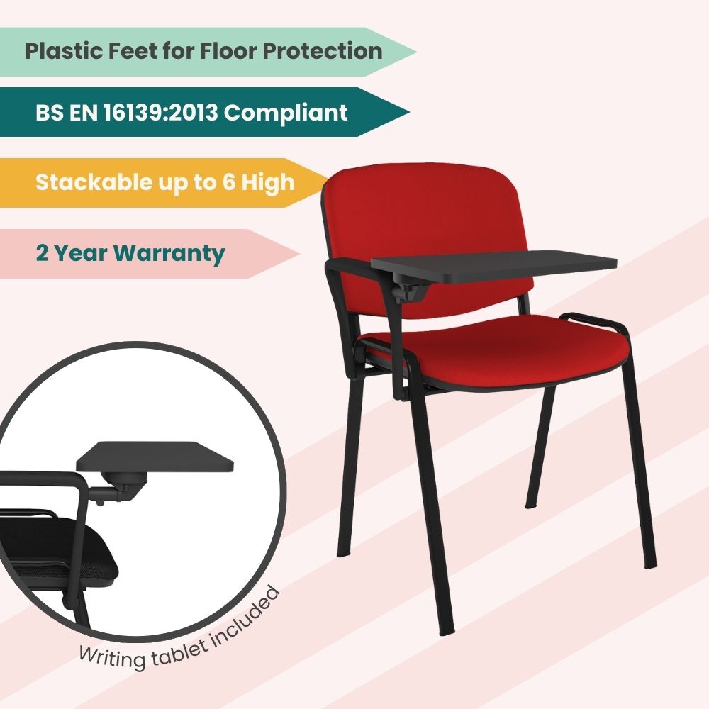Red fabric lecture chair with integrated writing tablet, protective plastic feet, stackable frame and certified strength for high use education settings