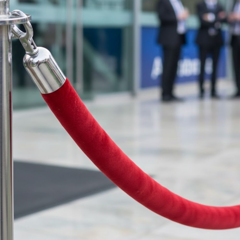 Red-velvet-rope-attached-to-chrome-stanchion-post-in-modern-building-entrance-with-business-professionals-in-background