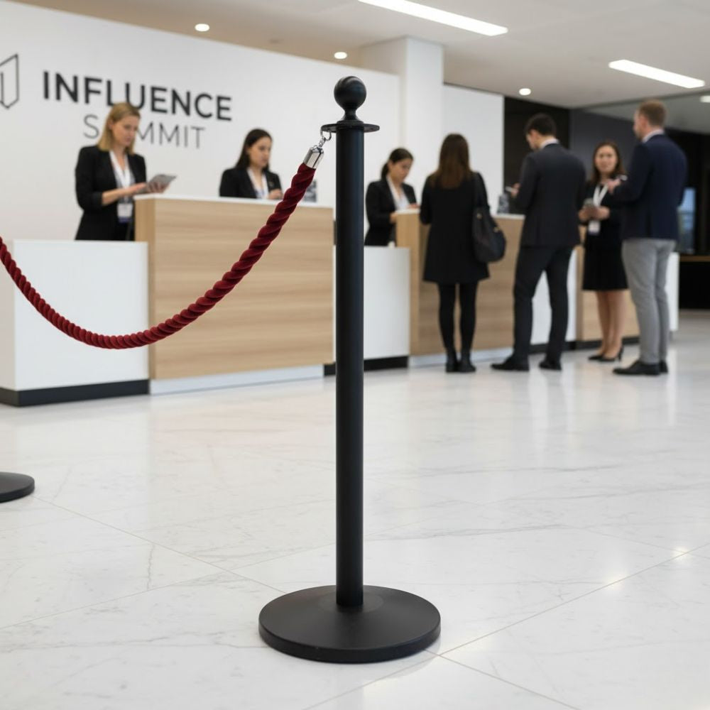 Red-velvet-rope-attached-to-black-stanchion-post-in-front-of-conference-registration-desk-with-attendees-checking-in