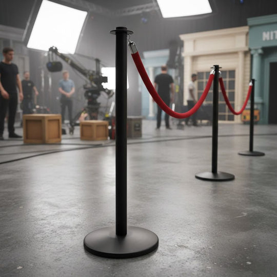 Flat Top Black Rope Barrier Stanchion | Modern Queue Post