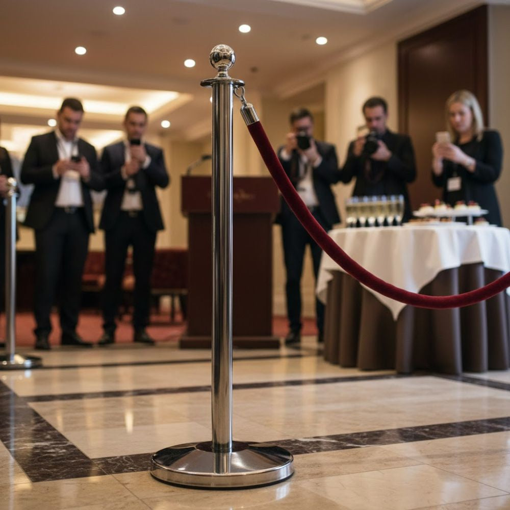 Red-velvet-rope-fixed-to-chrome-stanchion-post-at-formal-press-event-with-photographers-and-refreshments-table-in-background