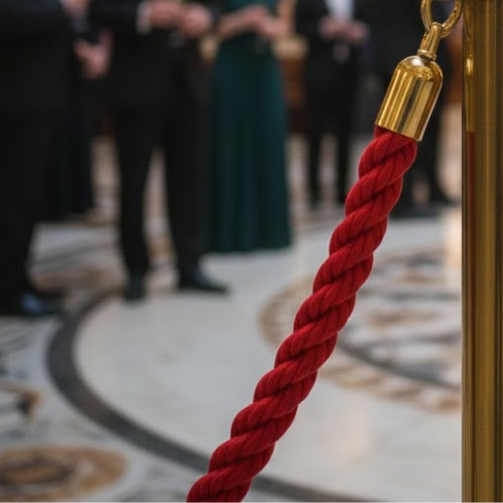 Red-velvet-rope-attached-to-gold-stanchion-post-with-guests-in-formal-attire-blurred-in-background