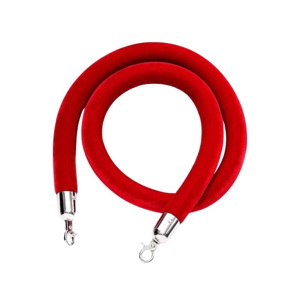 Red velvet rope with silver hooks, ideal for VIP areas and formal event crowd management.
