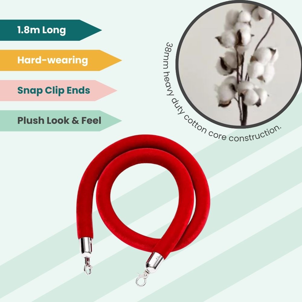 Red velvet rope with snap clips and cotton core, used for high-visibility crowd control at events.