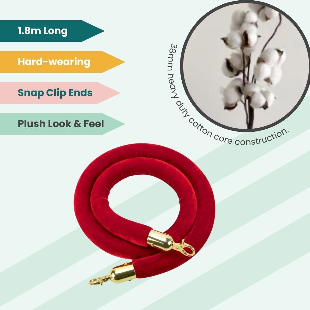 Red velvet rope with gold snap clips and cotton core, crafted for high-traffic event barriers.