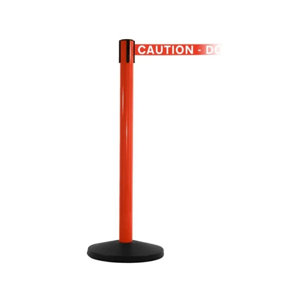Red stanchion with caution belt text, designed to restrict access in hazardous or private zones.