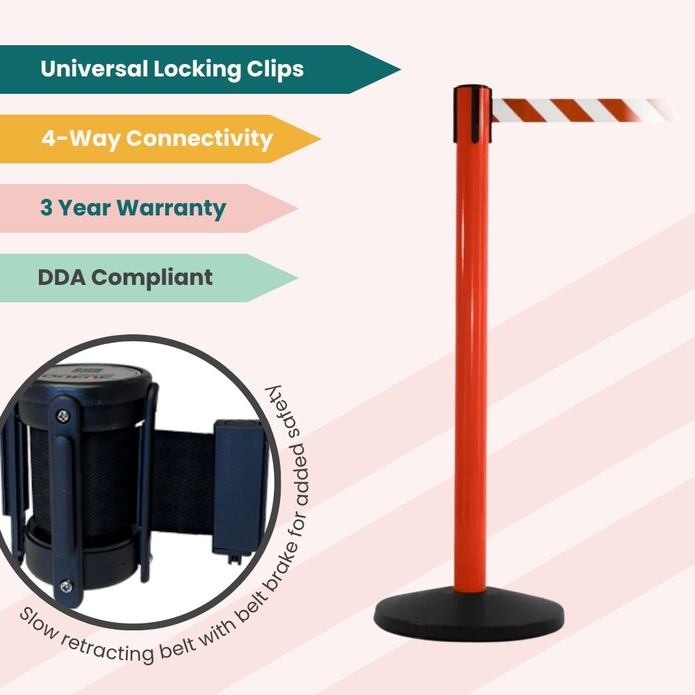 Promotional image of red stanchion with striped belt and belt brake, ideal for crowd control zones.