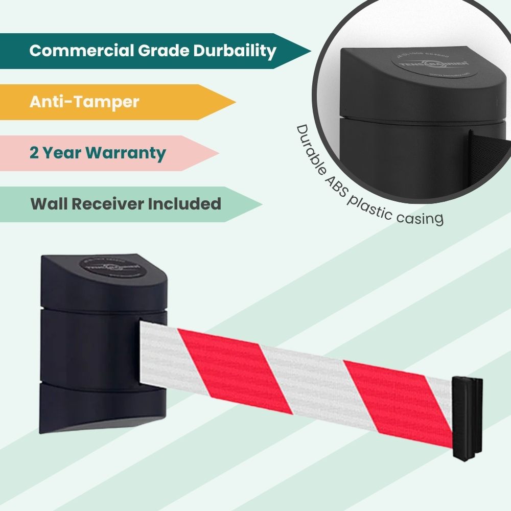 Wall-mounted barrier with red-and-white striped belt, anti-tamper casing, and wall receiver for secure access control in public spaces.