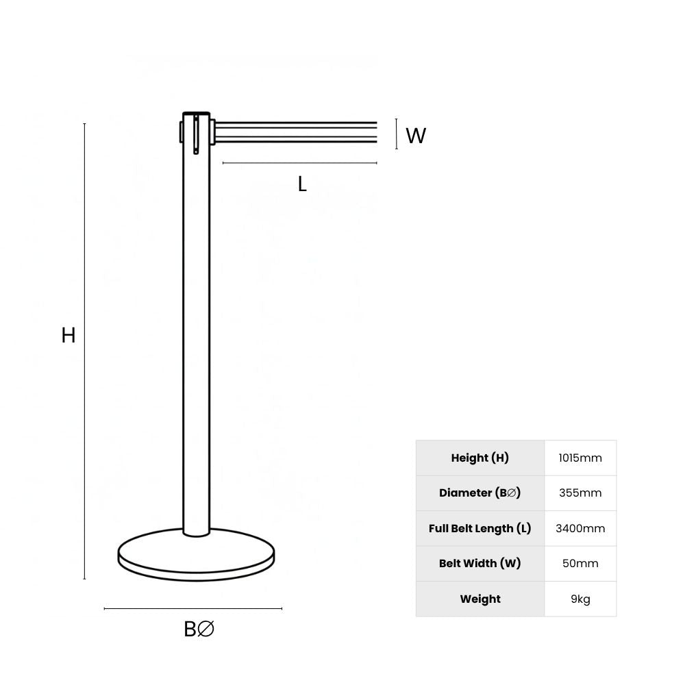 Technical diagram showing dimensions of a retractable belt stanchion used for queue management.