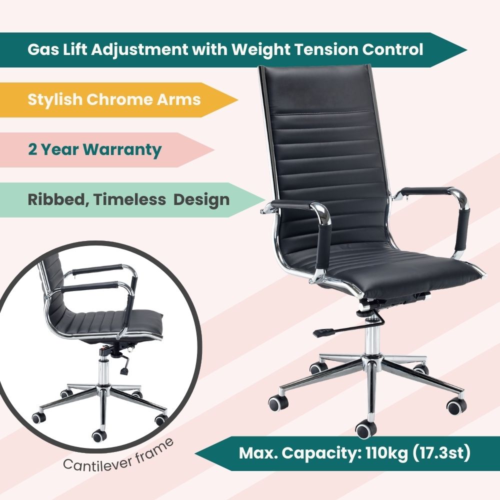 Promotional graphic of ribbed office chair with cantilever frame, chrome arms, gas lift adjustment, and weight tension control. Rated to 110kg with a 2-year warranty, combining timeless design and ergonomic support.