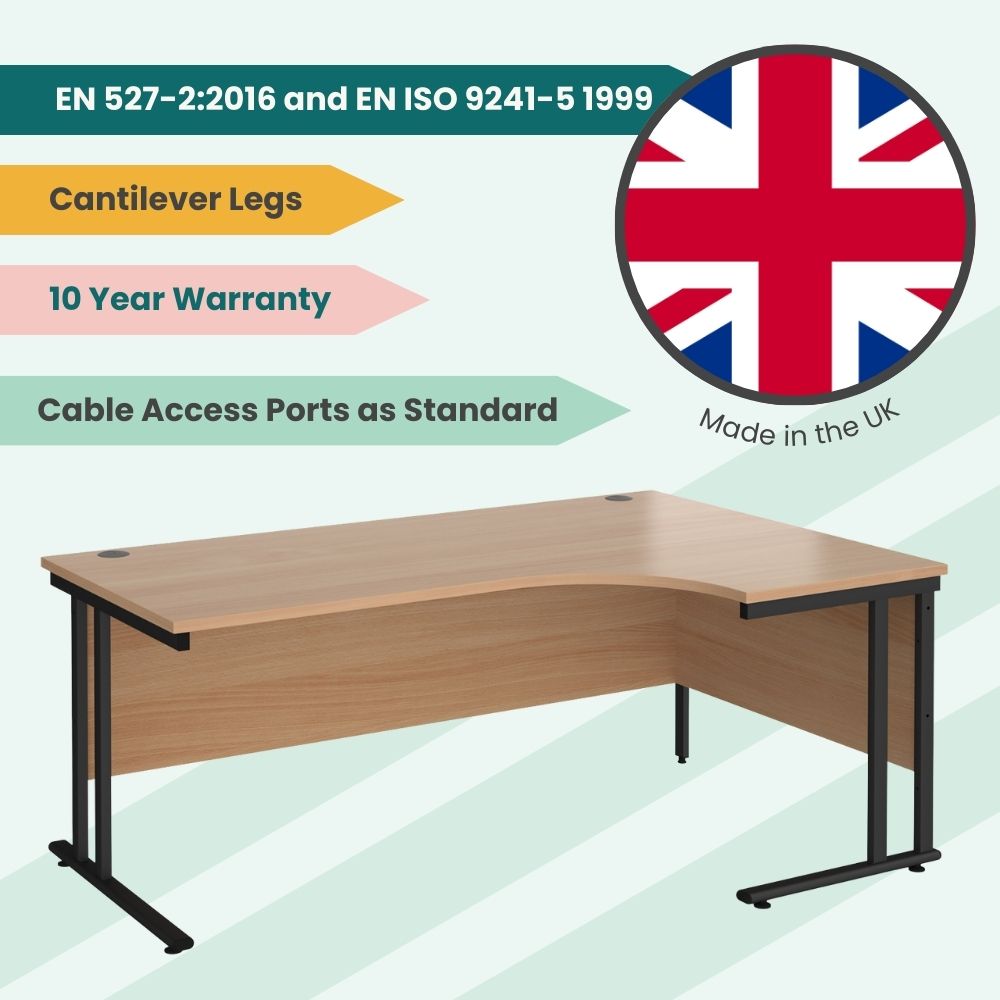Right-hand wave office desk manufactured in the UK, including a curved wood-effect top, black cantilever frame, modesty panel, and cable access ports as standard, compliant with EN standards and backed by a 10-year warranty.