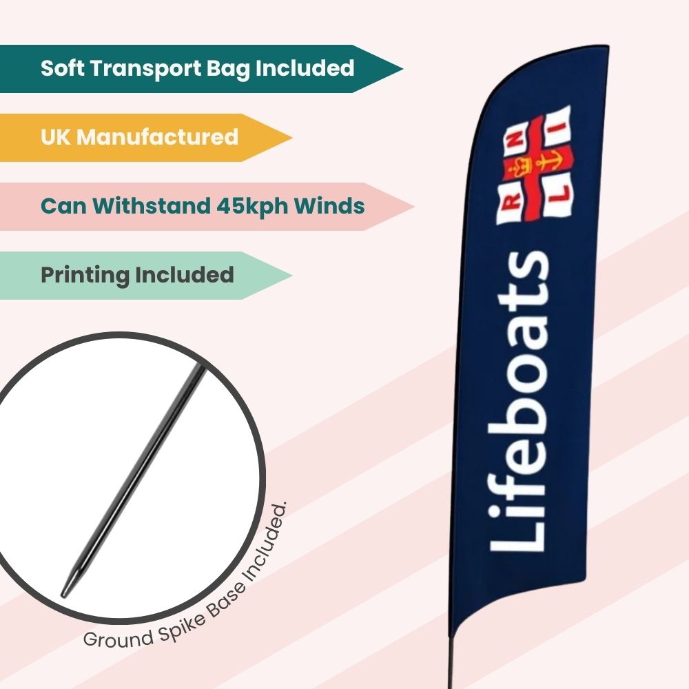 RNLI Lifeboats feather flag in navy with vertical white text and cross emblem, shown with ground spike base and feature highlights for outdoor durability.