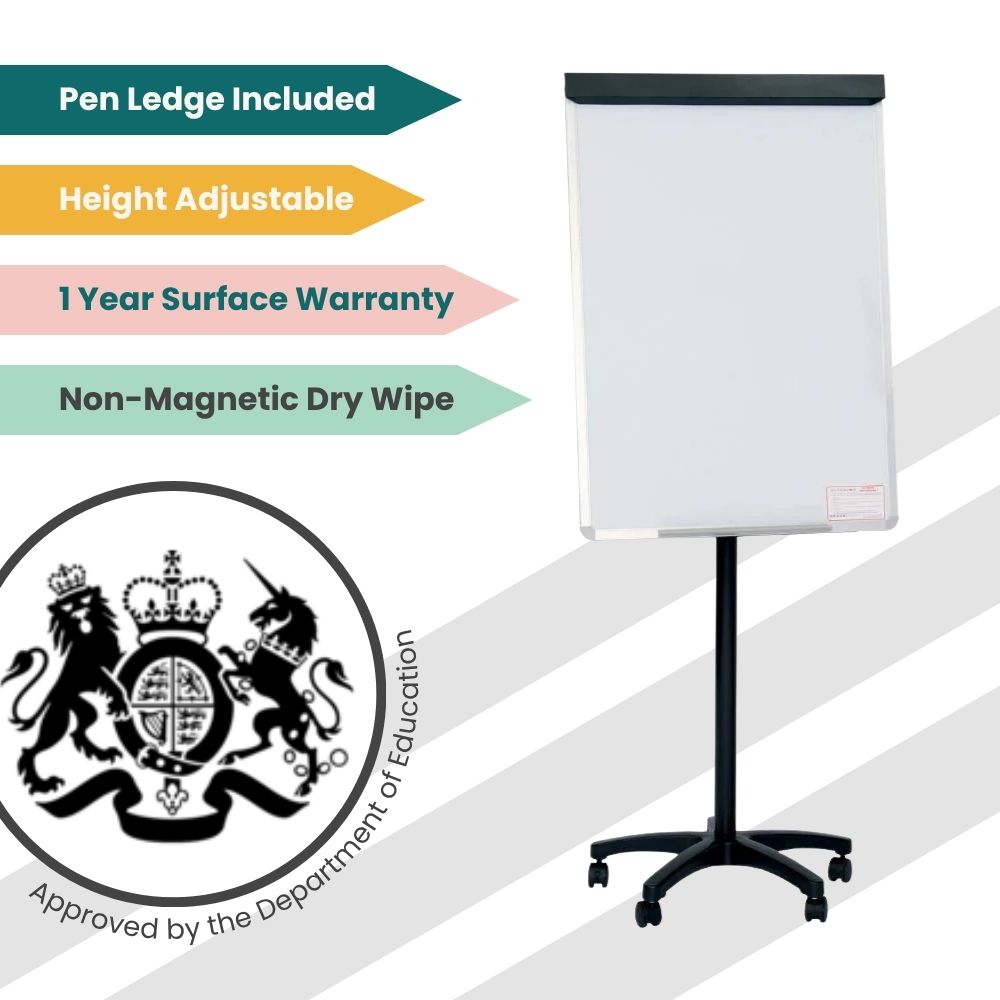 Flipchart easel on wheels featuring a non-magnetic dry wipe board, height adjustment, and integrated pen ledge.