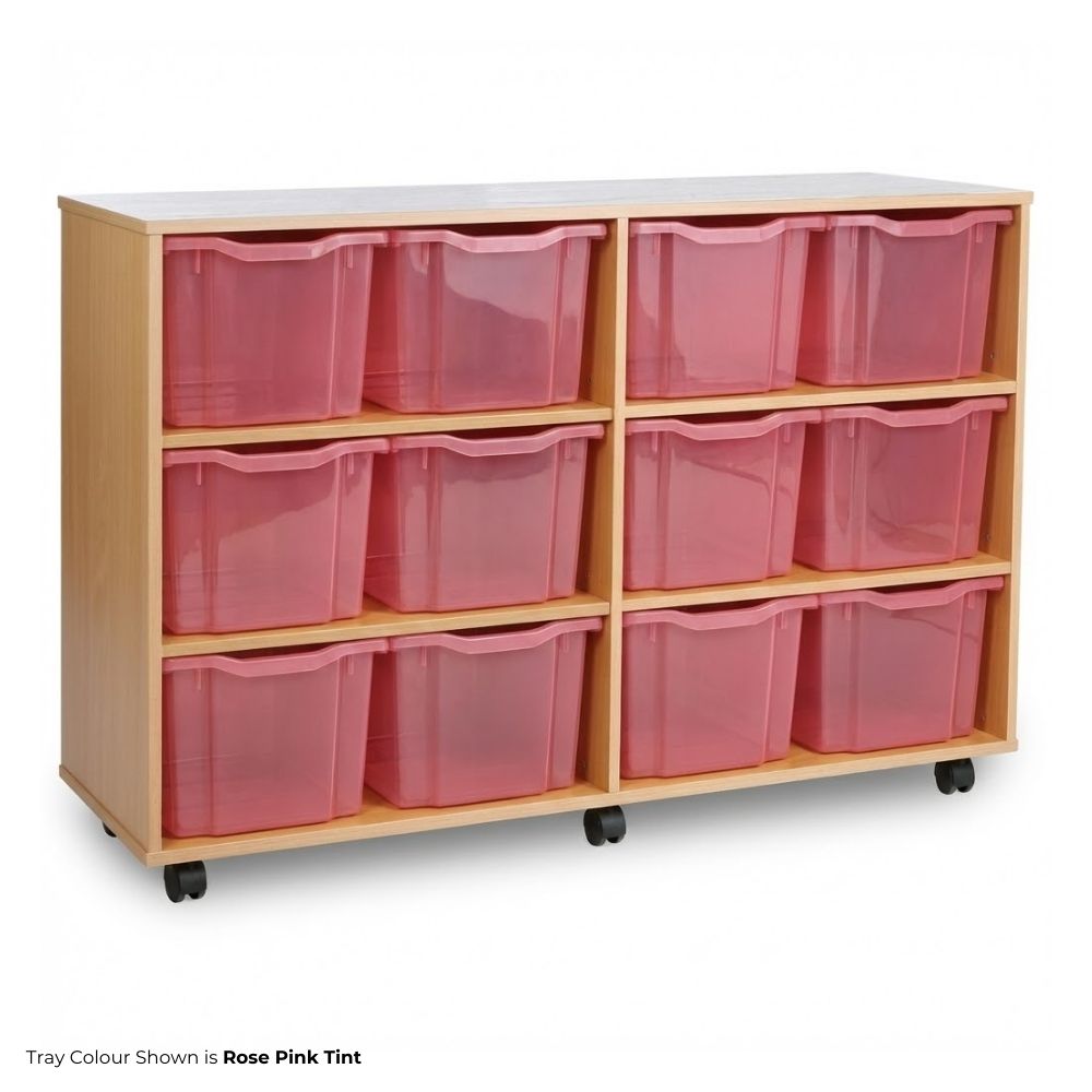 Wooden educational storage unit featuring twelve rose pink tint triple trays in a 2-column layout, ideal for classroom storage and fitted with castor wheels.