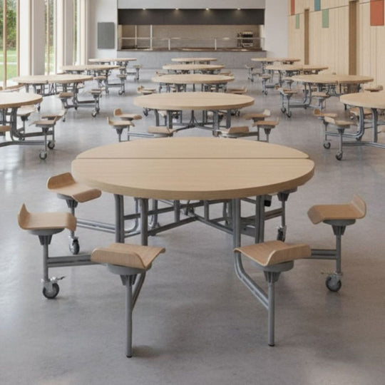 8 Seat Circular Foldable Oak Canteen Table with Lipped Oak Seats - 11+ Years
